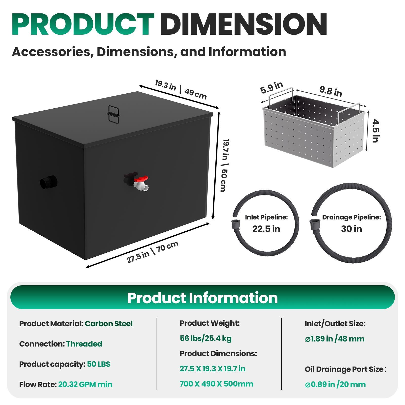 50 LBS Commercial Grease Trap 20.32 GPM Oil-water Separator Grease interceptor