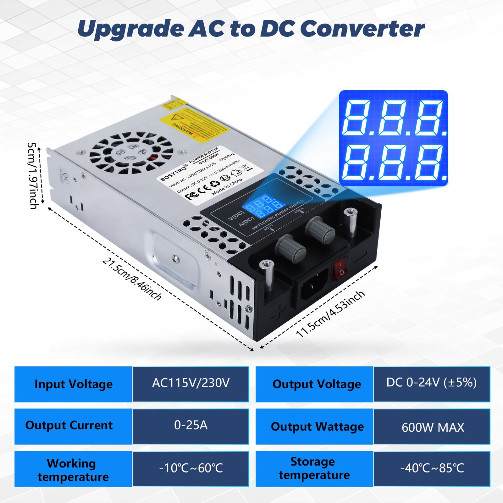 BOSYTRO AC to DC Converter 110V-12V Power Supply Adjustable 0-24V Black