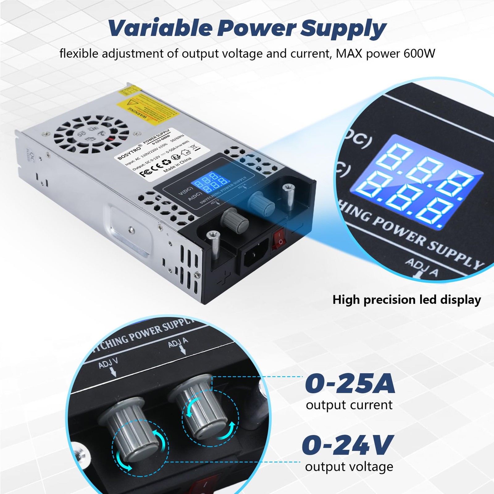 BOSYTRO AC to DC Converter 110V-12V Power Supply Adjustable 0-24V Black