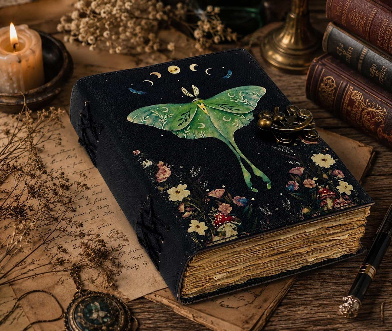Spell Book of Shadows Journal with Lock Clasp Vintage Handmade Leather Luna Moth