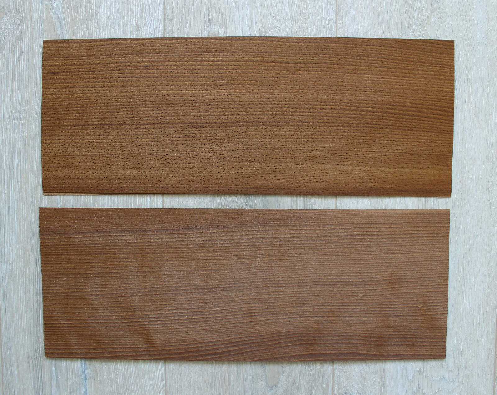 Beech Fumé wood veneer, 2 sheets, ~ 18.1 x 6.88″ (46 x 17.5cm), 0.55mm (~1/45″)