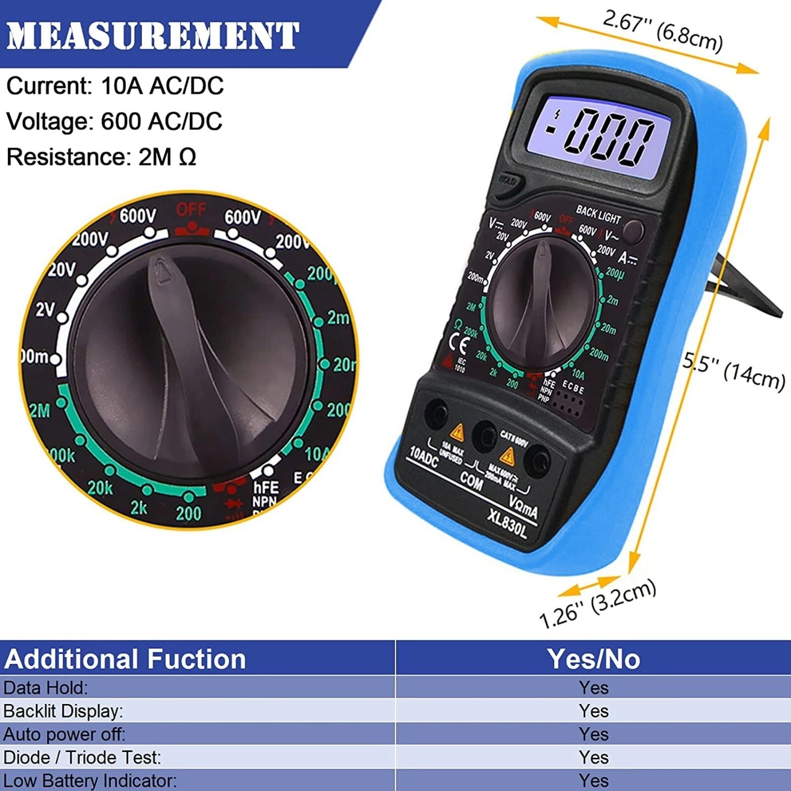 Digital Multimeter with NCV – Measures AC/DC Voltage, Ohm, Diode, Amperage