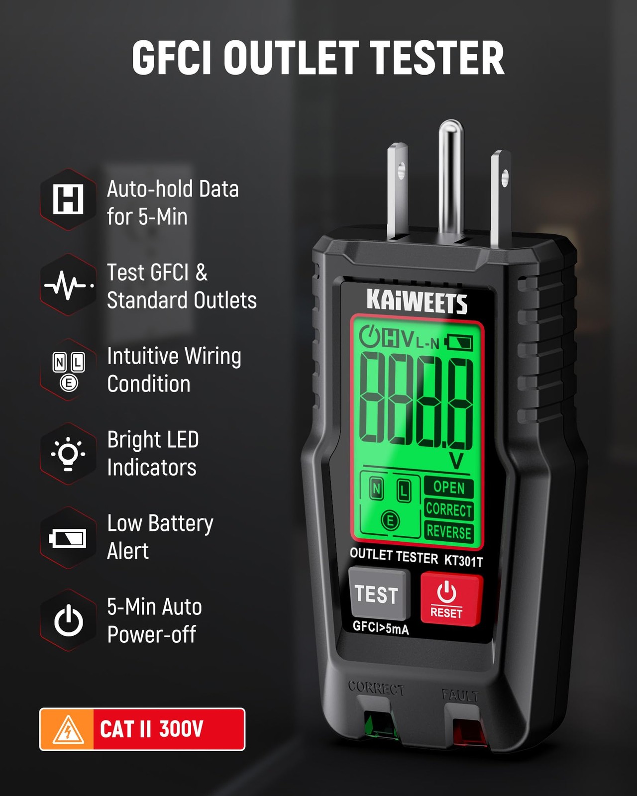 KAIWEETS GFCI Outlet Tester with LCD Display, 3-Prong Receptacle Wiring Detec…