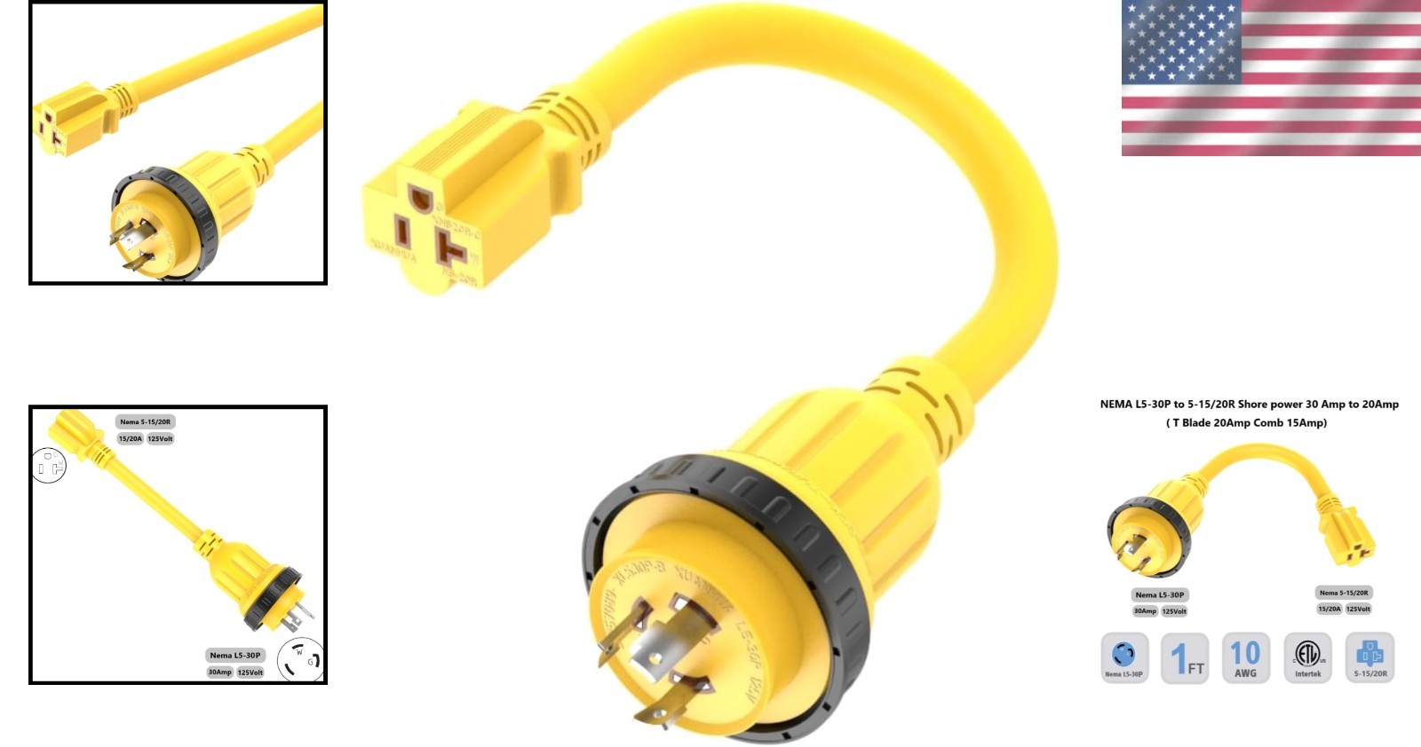 30 Amp L5-30P to 15 Amp 5-15R Marine Shore Power Cord Adapter Pigtail RV Boat