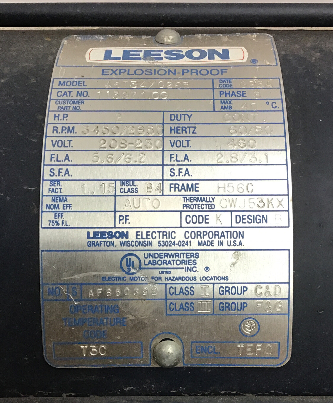 Leeson A6T34XC26B Explosion Proof Motor 113971.00 , 2HP, 3Ph, 3450RPM (F6)
