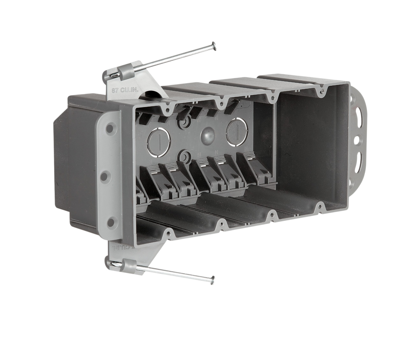 4-Gang PVC Electrical Box, 87 Cu In, ETL Listed, Nail-On w/ Bracket, Gray