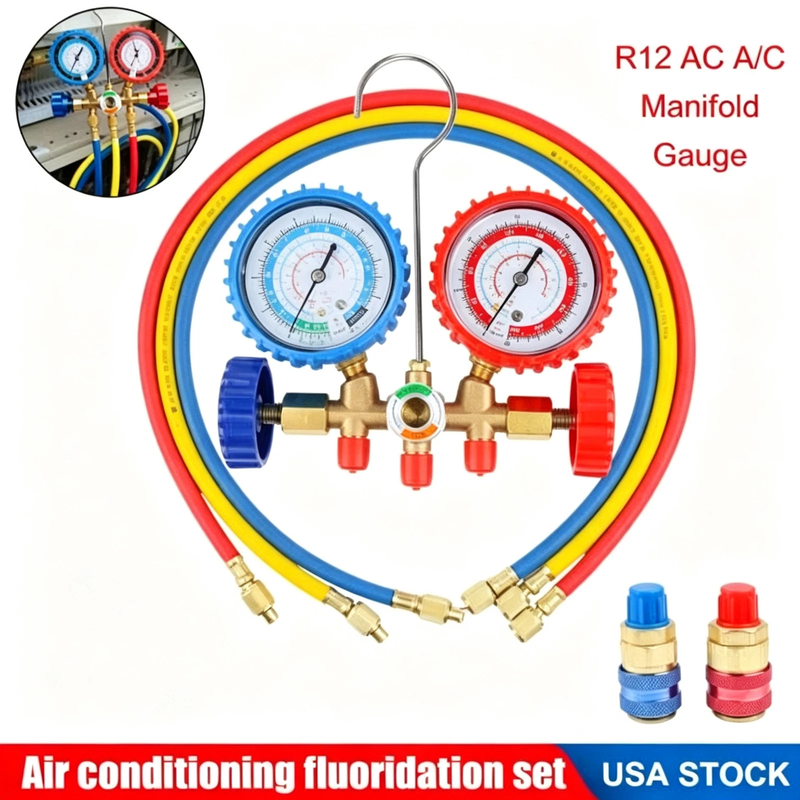 For R502 R134a R12 R22 AC Manifold Gauge Set A/C Refrigeration 3 Way Hose