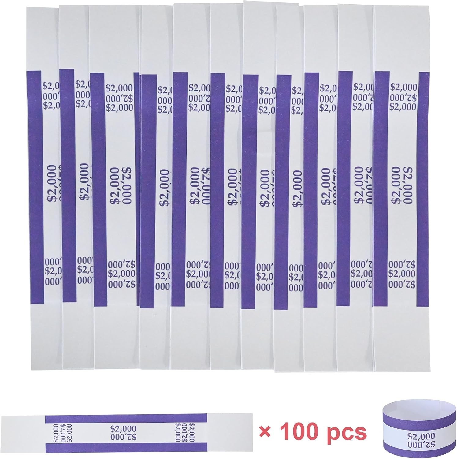 $2000 Purple Currency Straps – 100 Count ABA Standard Self-Adhesive Bill Bands