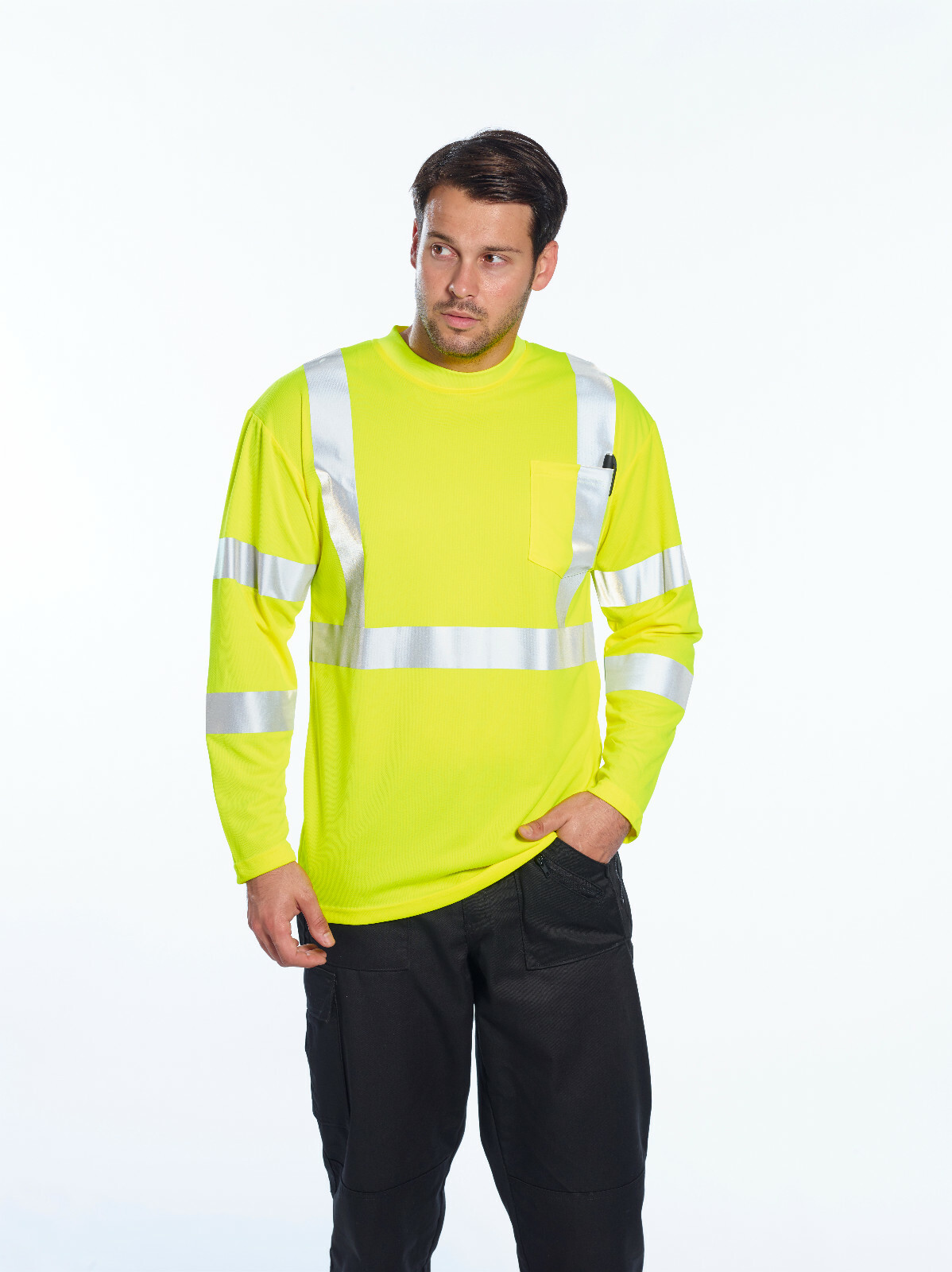 Portwest S191 Hi-Vis Reflective Safety Long Sleeve Crew Neck Pocket T-Shirt ANSI