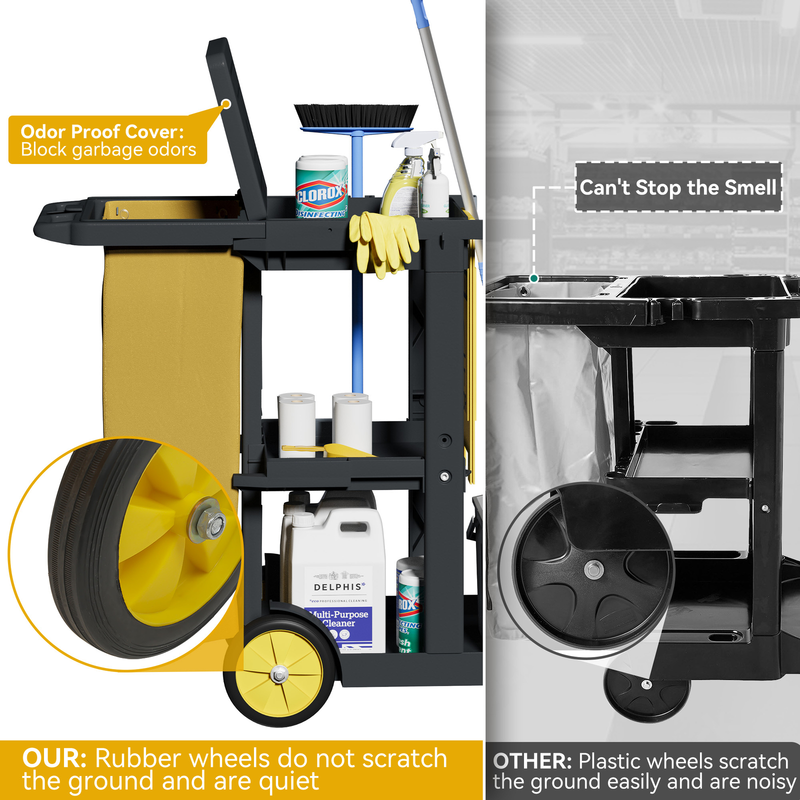 HOMIFLEX Cleaning Cart 3-Shelf Commercial Traditional Janitorial Cart w/PVC Bag