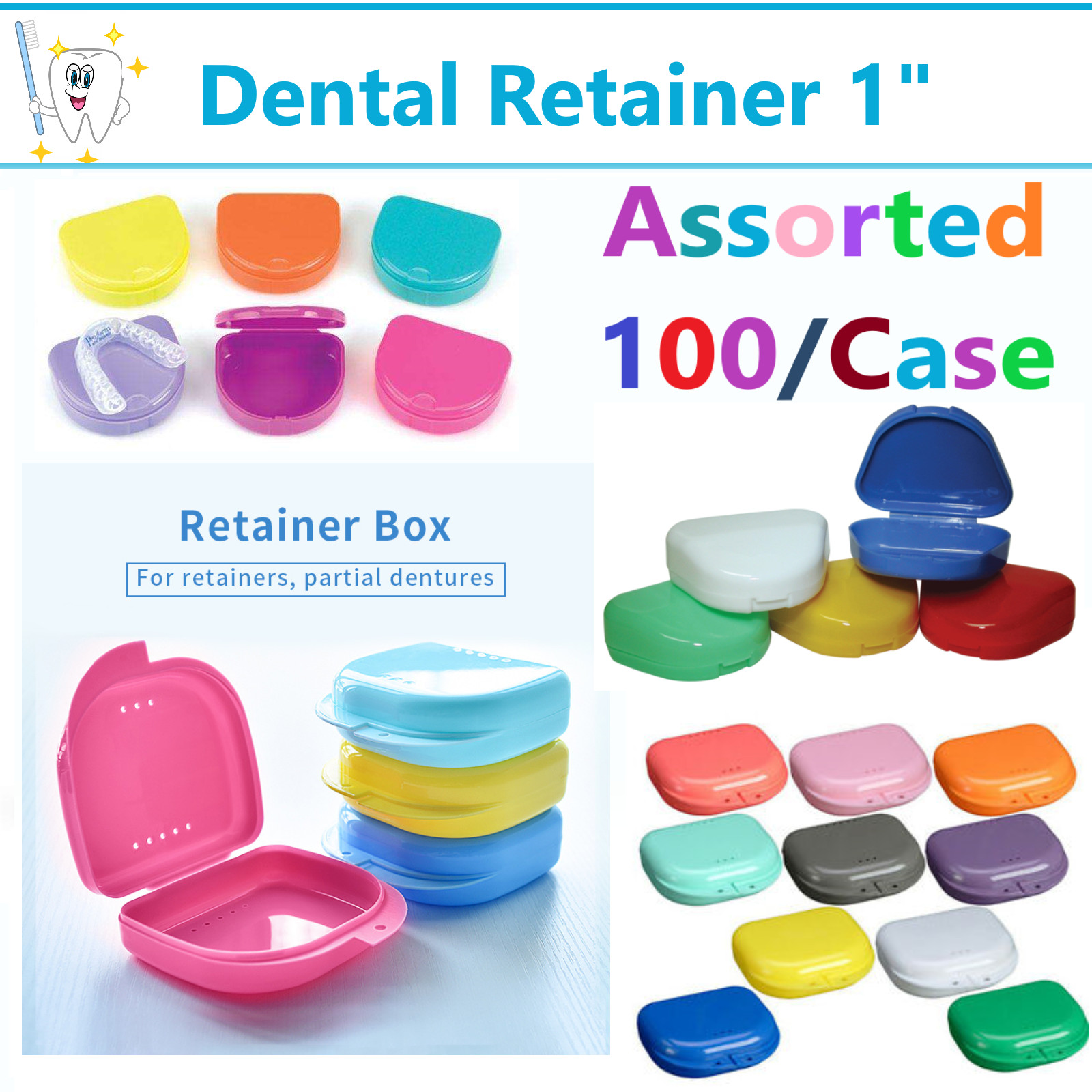 Dental Retainer Box Orthodontic Appliance Guard Snap closure, 1″ Assorted 100/Cs
