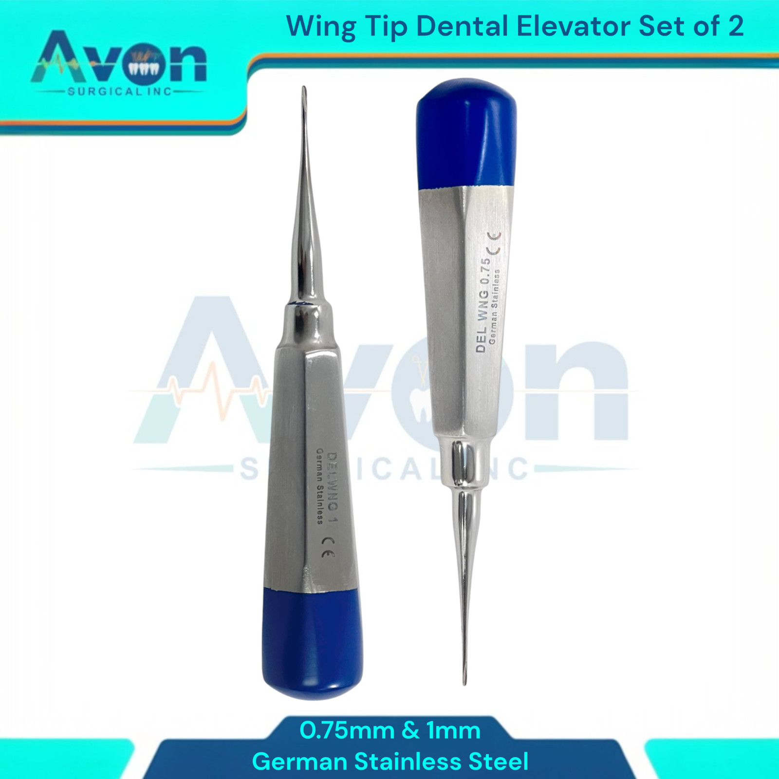 2Pk Dental Veterinary Elevator 0.75mm & 1mm Wing Tip, Straight, Color-Coded