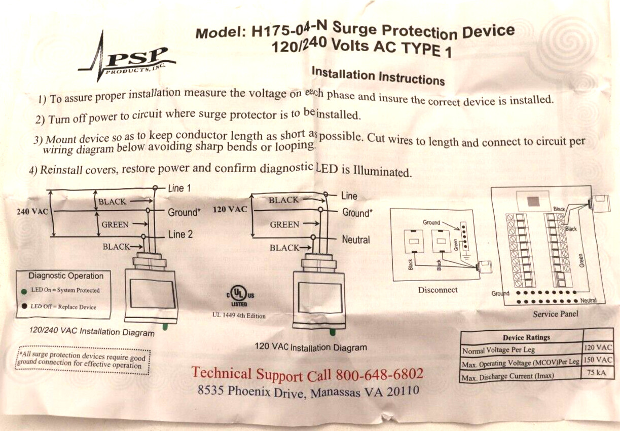 PSP Products H1-75-04-N Surge Protector, 120/240 Volt AC, Type 1, New in Box
