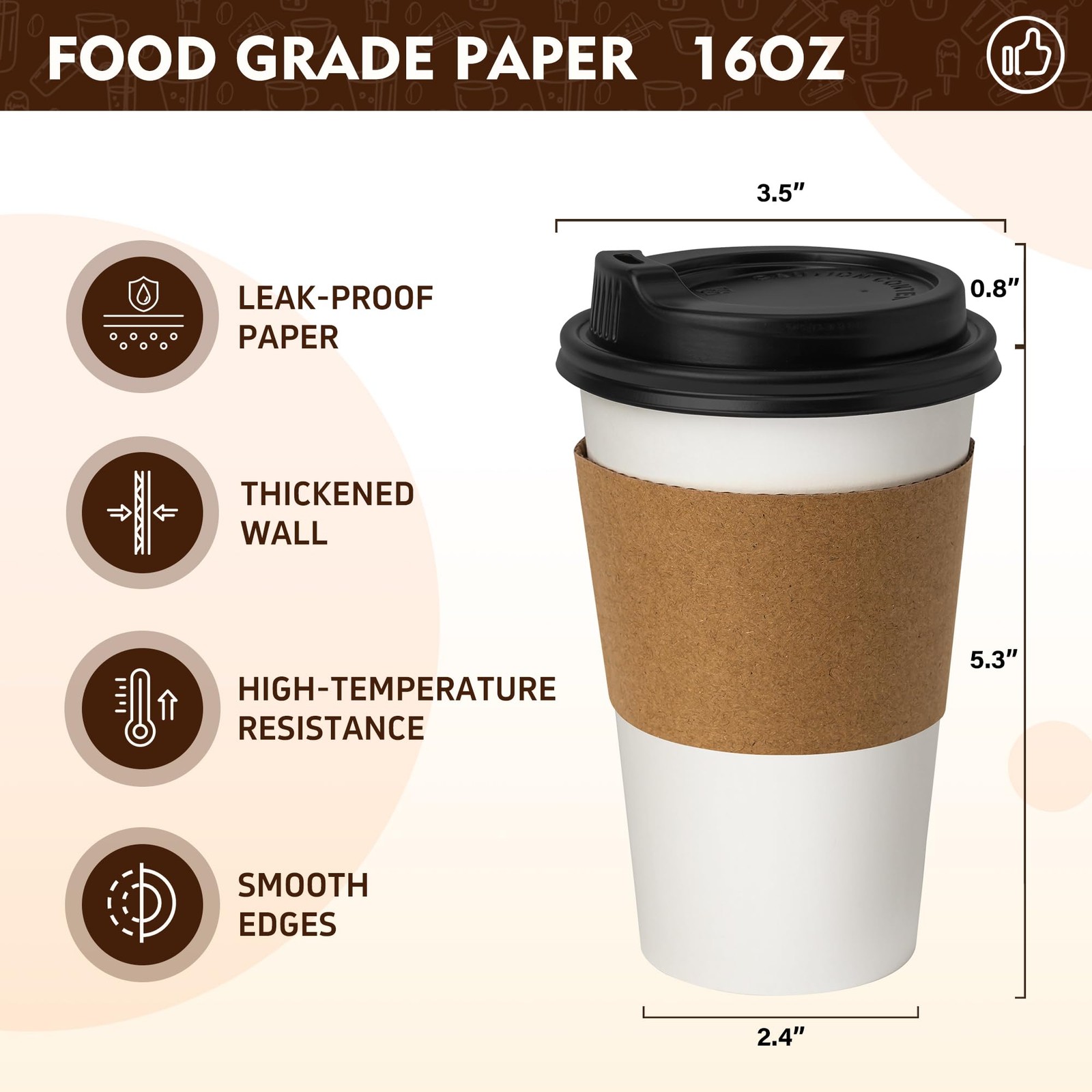 16 oz 50 Pack Coffee Cups with Lids & Sleeves