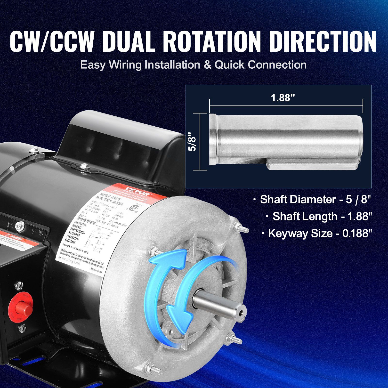 0.75HP Electric Motor 1725 RPM AC 115V/230V 56 Frame 5/8″ Keyed Shaft