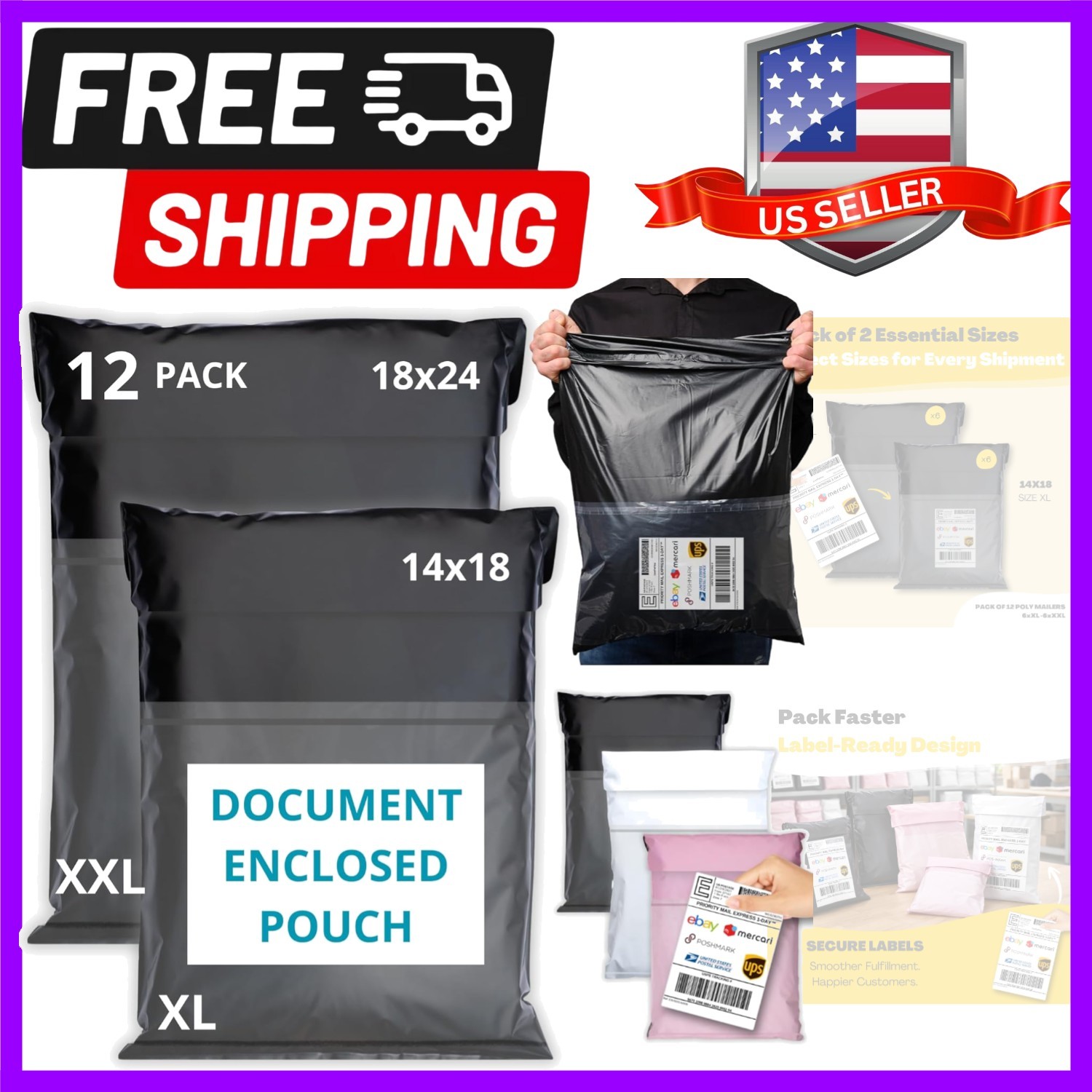 Shipping Bags 12 Pack with Label Pouch – 14×18 & 18×24 – Poly Mailers for Clo…