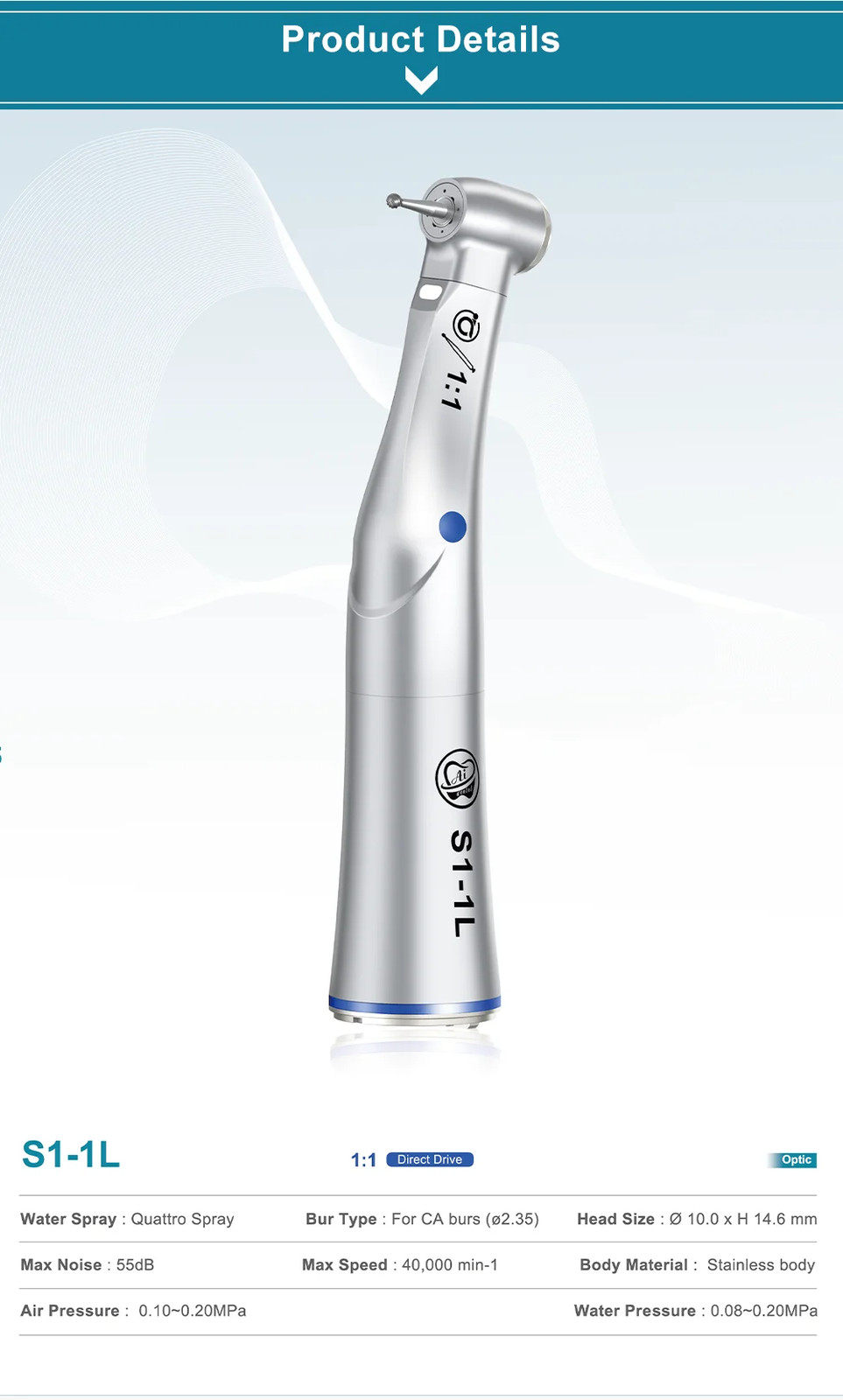 Dental Optic LED 1:1 Direct Drive Contra Angle Handpiece Blue Ring Quattro Spray