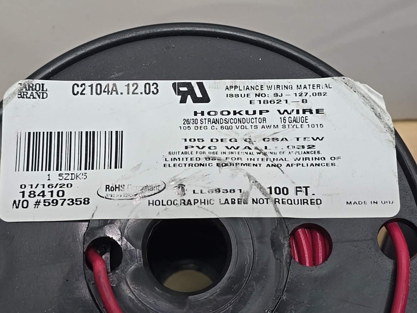 Carol 18410 16awg Stranded Copper PVC HookUp Wire AWM Red 100ft Appliance 600V