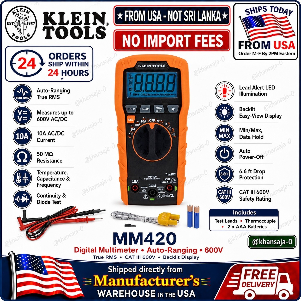 Klein Tools MM420 600V Digital Multimeter, TRMS Auto-Ranging, Temp🚚From USA🚚