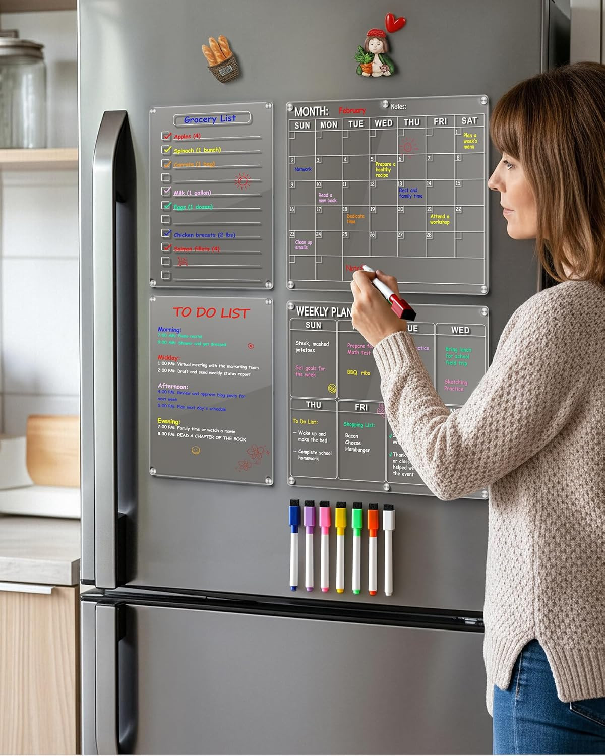 4 Pack Acrylic Magnetic Calendar for Refrigerator Set, Clear Monthly Weekly Dail