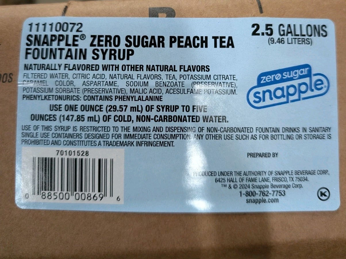Snapple Peach Tea Zero Sugar Syrup Fountain post Mix 2.5 Gallons Bag in Box Read