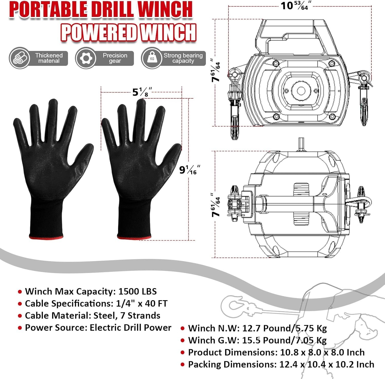Portable Drill Winch 1500LB Capacity Hand Winch with 40FT Steel Cable 360°
