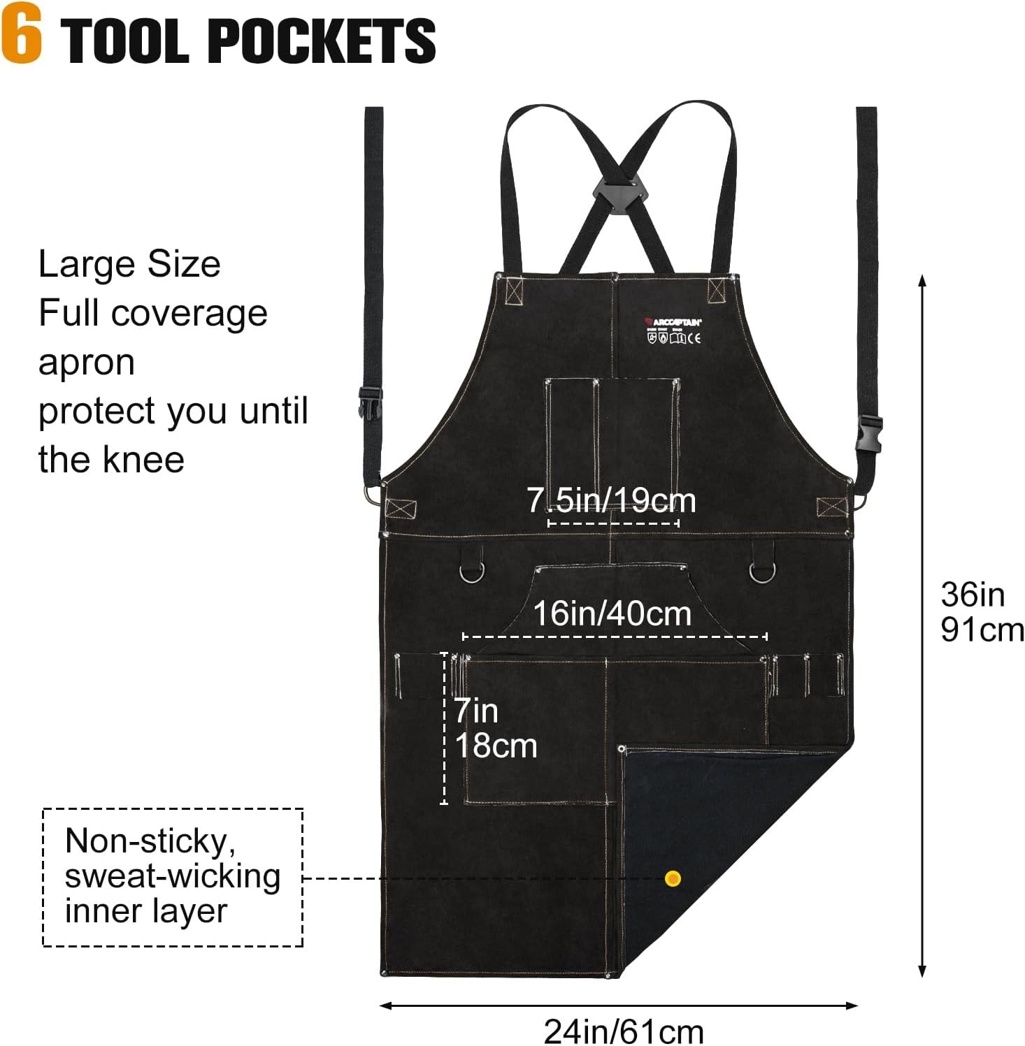 2PCS ARCCAPTAIN Leather Welding Work Apron Heat Flame Resistant Cowhide 6Pockets