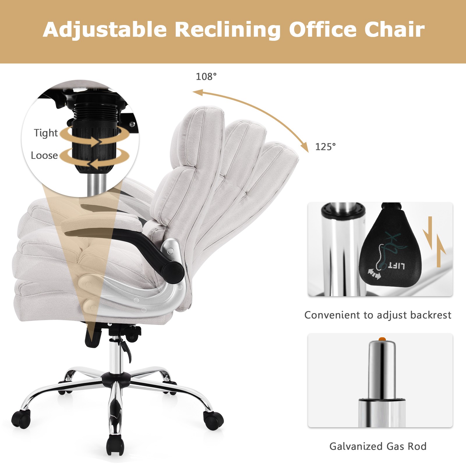 Costway High Back Big & Tall Office Chair Adjustable Swivel w/Flip-up Arm Beige