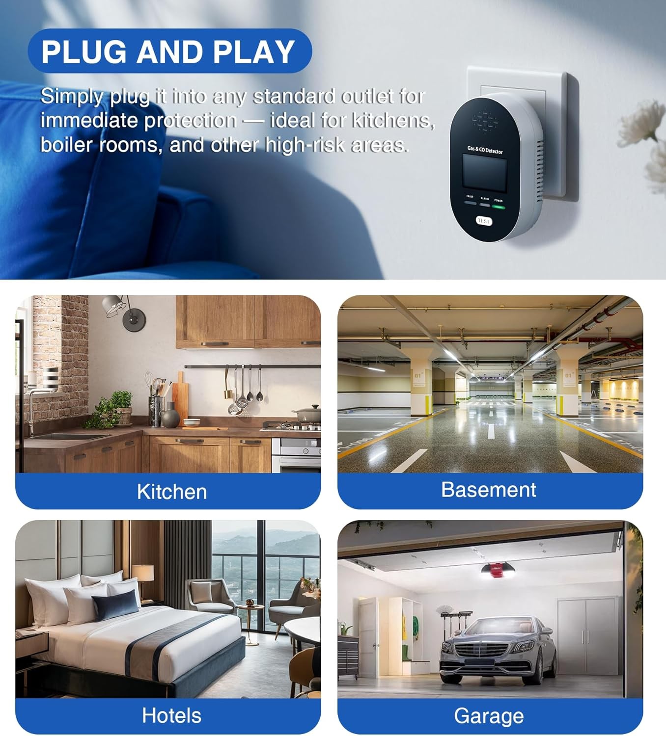 4 in 1 Carbon Monoxide Gas Detector Plug Combination Natural Gas Leak Carbon