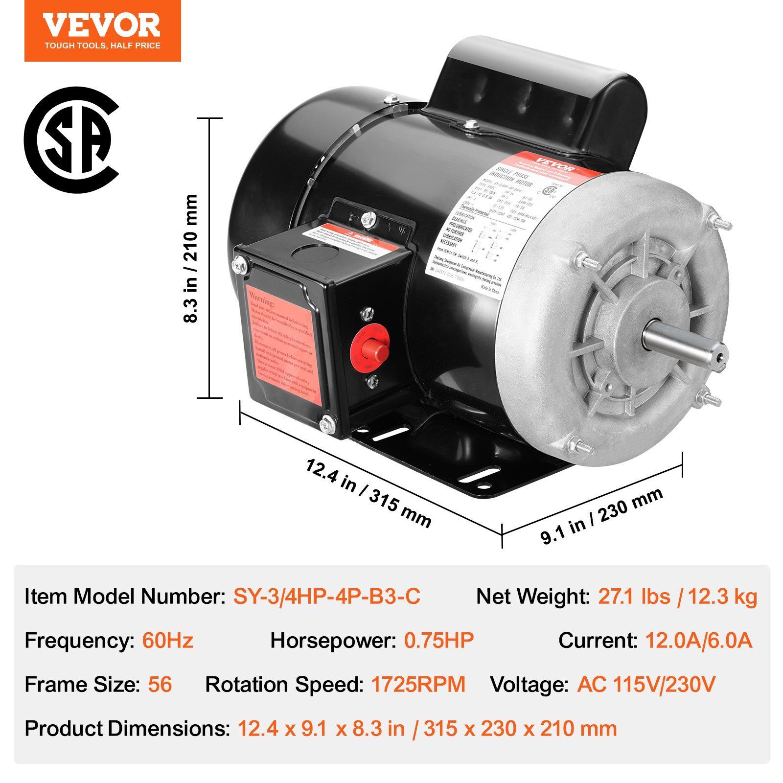0.75HP Electric Motor 1725 RPM AC 115V/230V 56 Frame 5/8″ Keyed Shaft