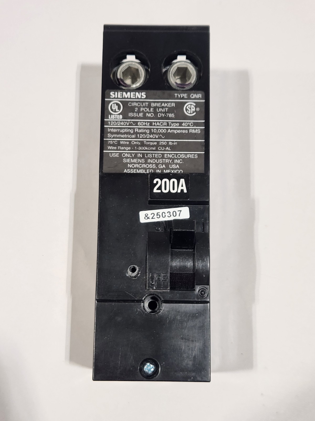 Siemens 200 Amp 2-Pole 10kA Type QN Reverse Handle Main Breaker QN2200R *