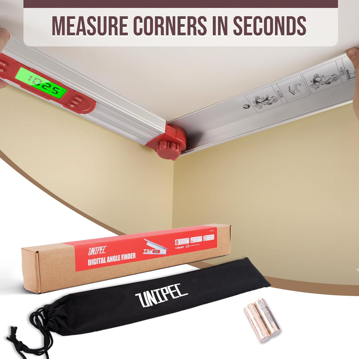 16-Inch Digital Angle Finder with MTR & COM, 0–220° Protractor with Backlit LCD,