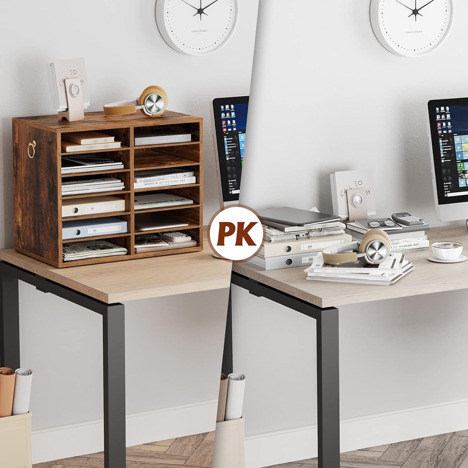 12-compartment wooden literature organizer with adjustable shelves