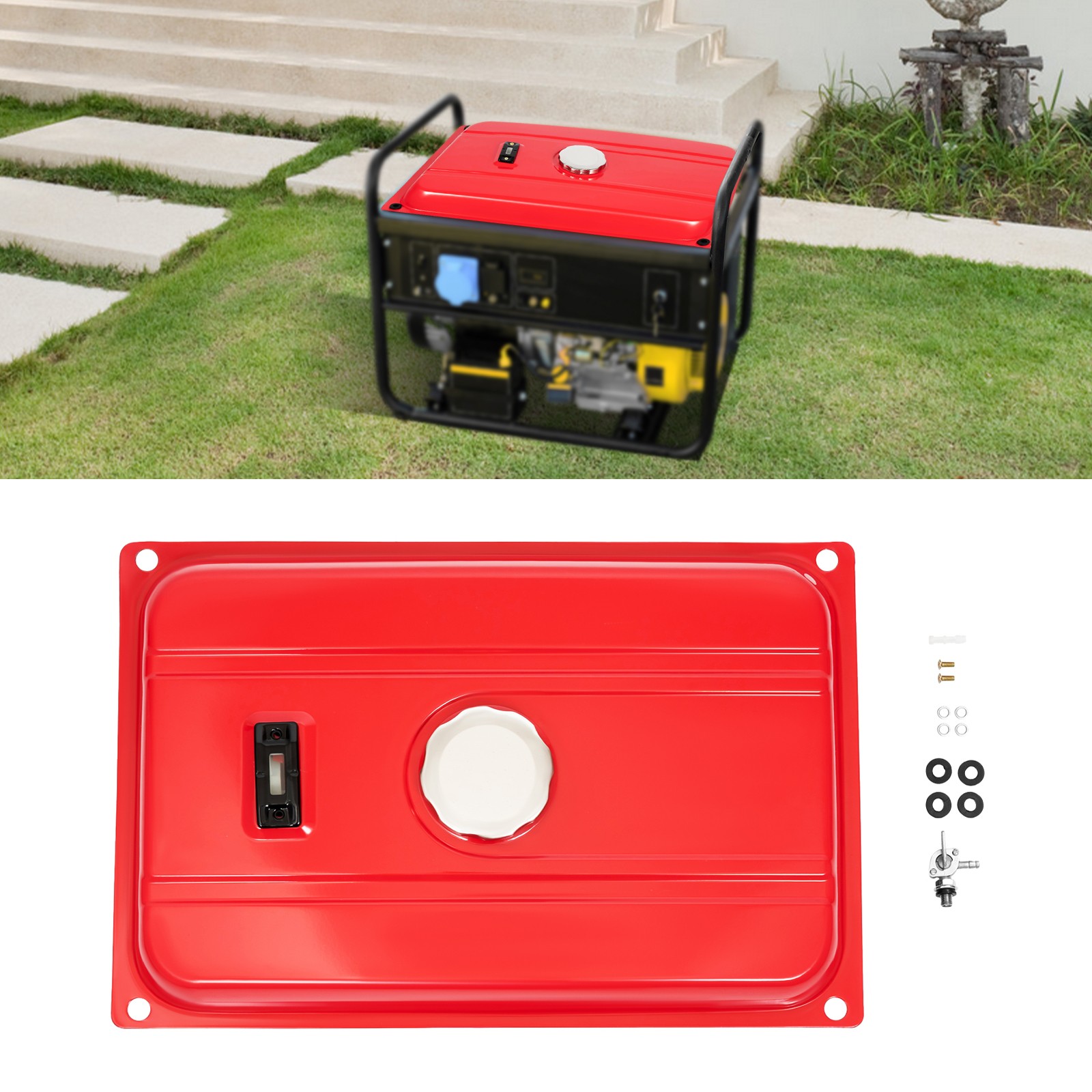 4 Gal Universal Generator Gas Fuel Tank w/ Chrome Cap Gauge Petcock Valve Red