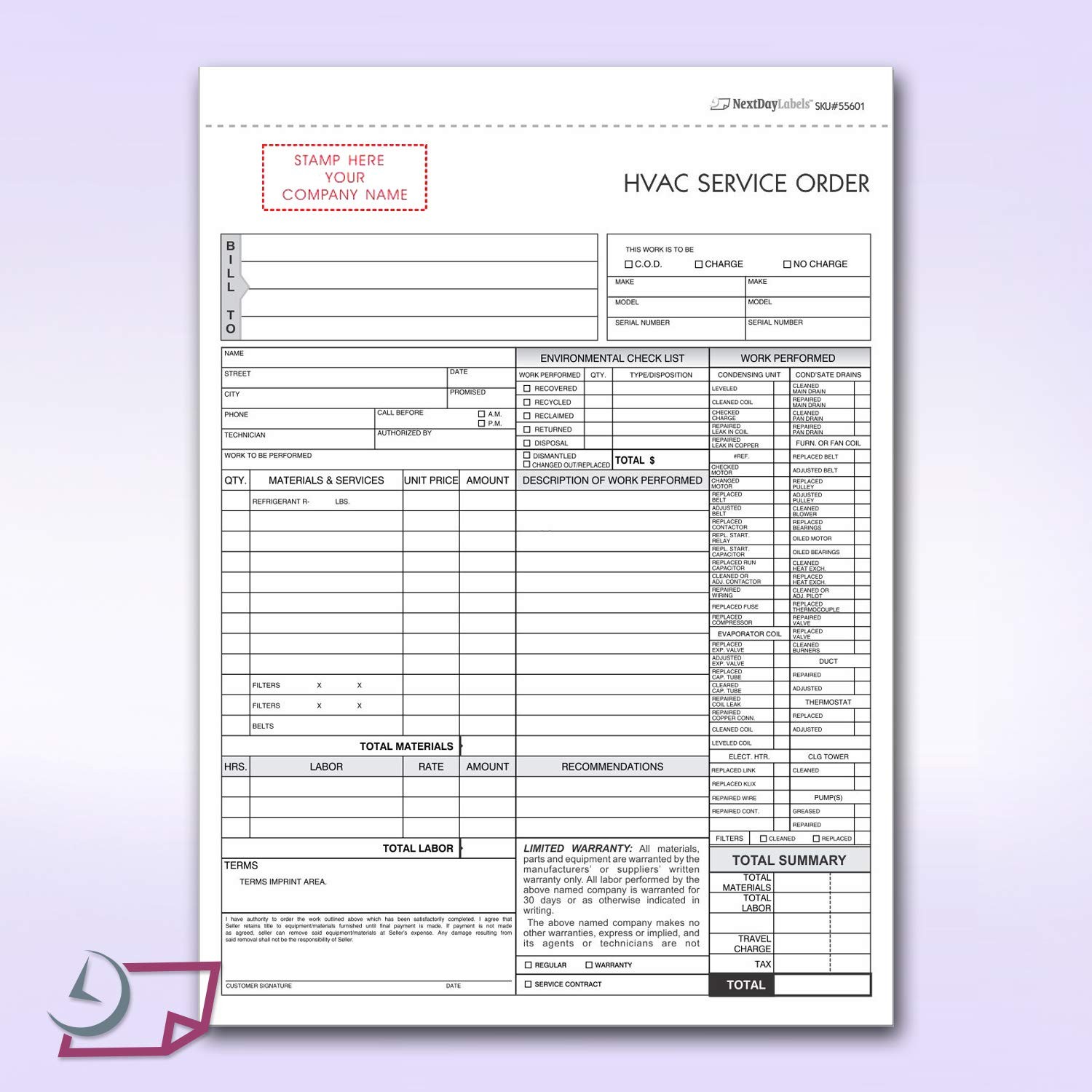 HVAC Service Order Invoice & Repair Detail Form, 3 Part 100 Pack – No Name