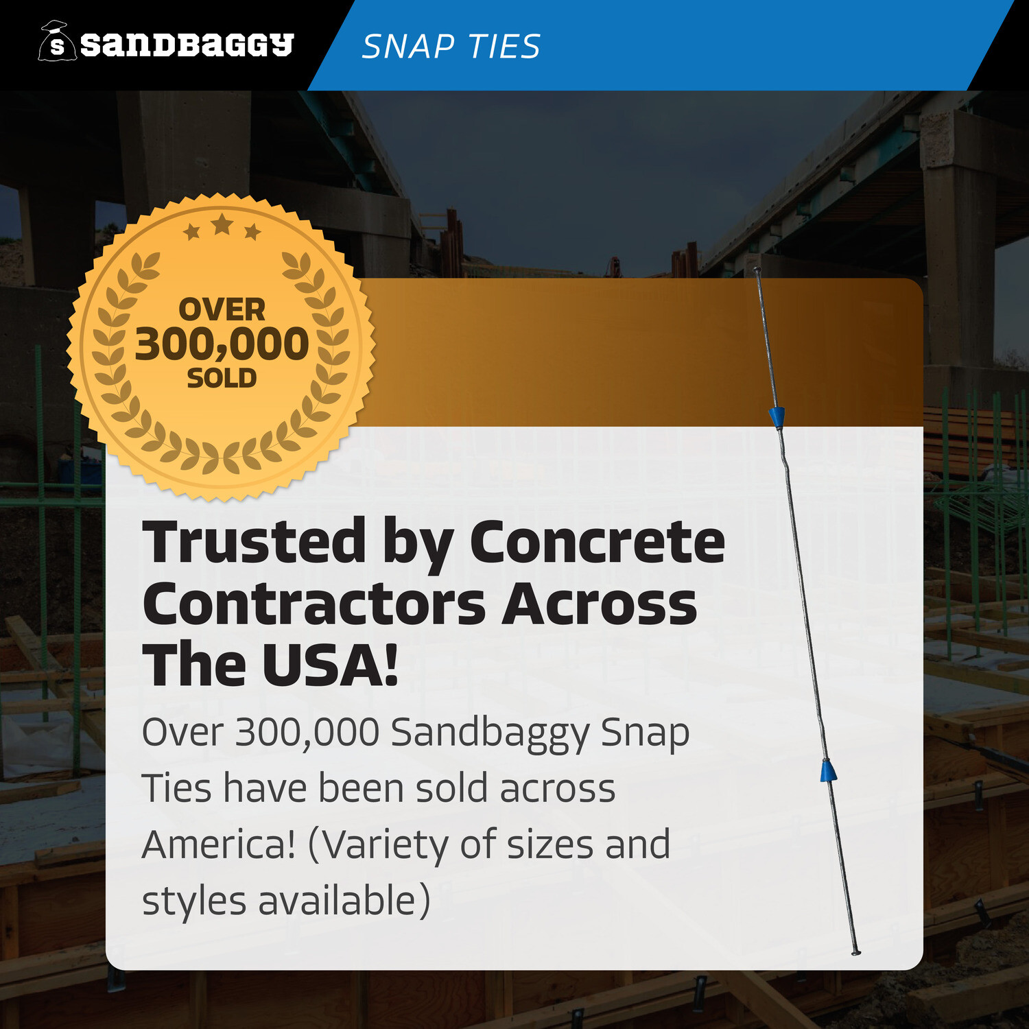 Sandbaggy 20″ x 8 ¼» Standard Snap Ties For Concrete Forms (Long End)
