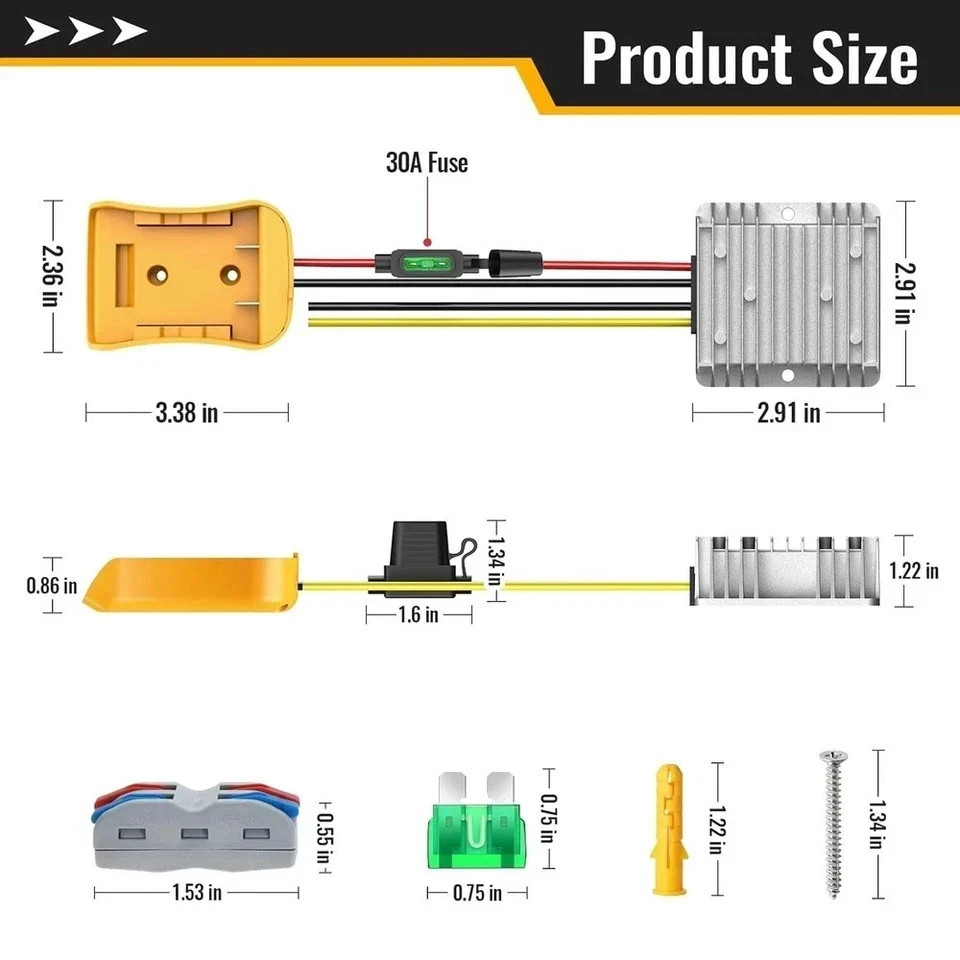 20V to 12V Step-Down Converter Compatible with Dewalt 20V Battery, DC 12V 20A 24