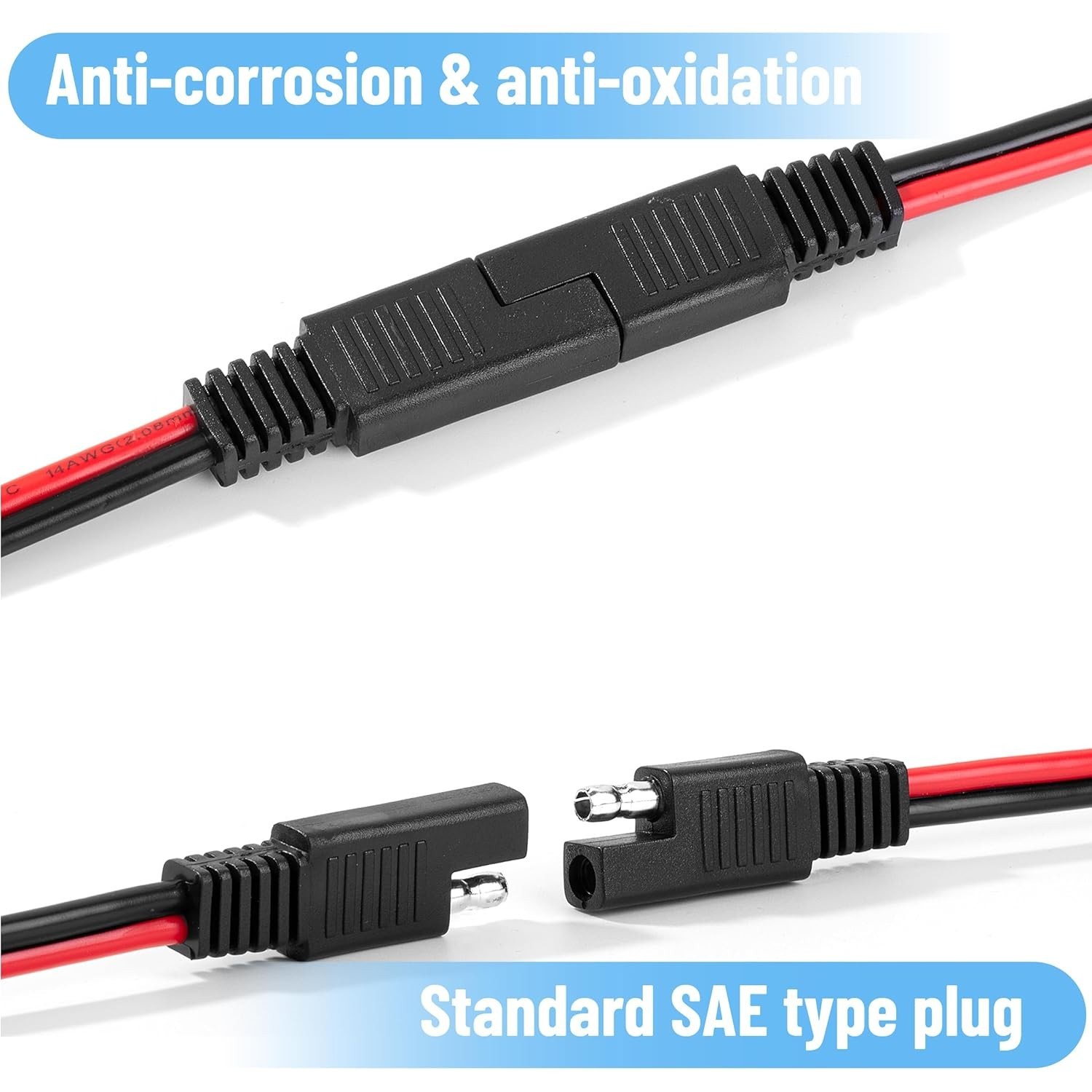 SAE Connector, 12 Inch, 16 Pack, 14 AWG, 2 Pin Single Plug Connector