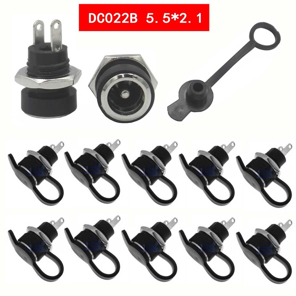 10xPanel/Chassis Mount Female DC Power Connector 2.1mm X 5.5mm + Waterproof Cap