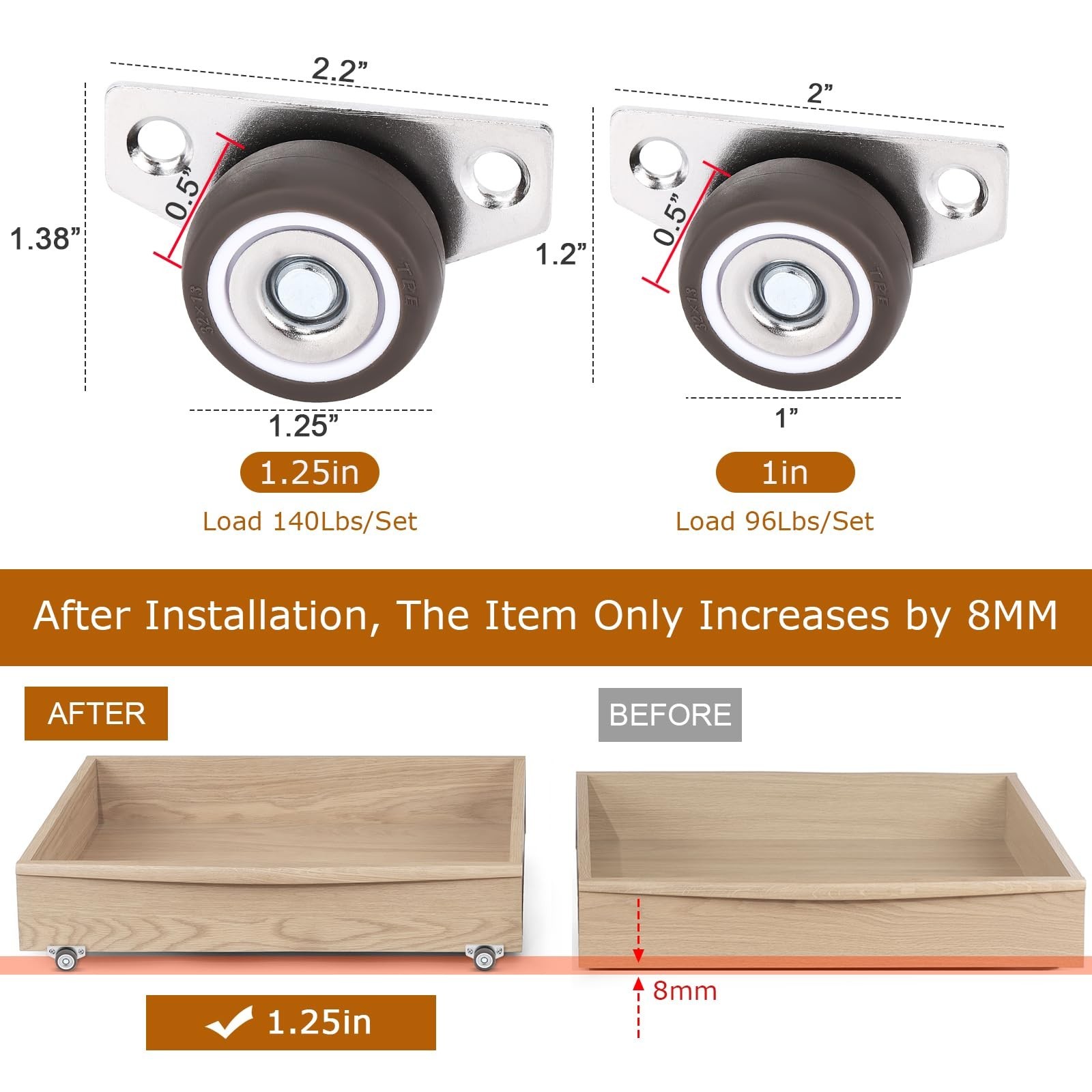 8Pcs Mini Low Profile 1-1/4″ Casters Wheels for Furniture, Drawers, DIY Projects