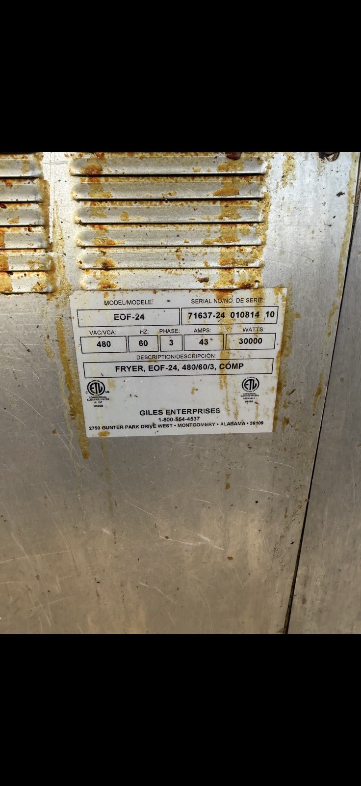 GILES 4 BAY FRYER GILES EOF24 EOFBIB TESTED NICE UNIT WE CRATE & SHIP BY FREIGHT