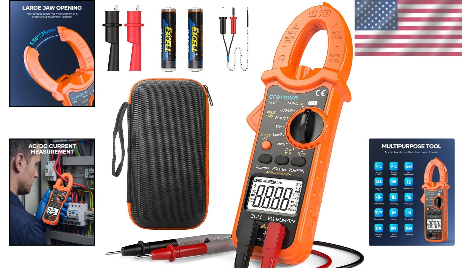 Crenova Clamp Meter Multimeter 6000 Counts TRMS Electrical Tester for AC/DC Curr