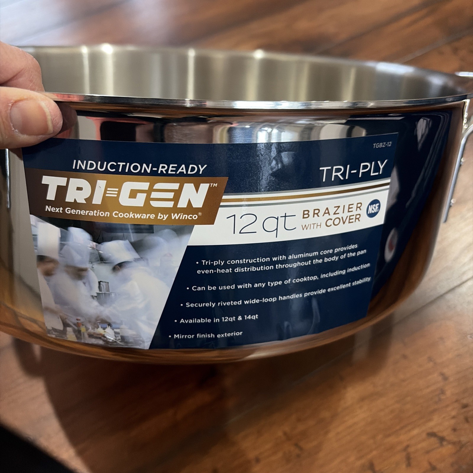 Winco Tri= Gen Cookware Pot TGBZ12 12 Qt Tri-Ply Brazier w/Cover Silver NSF