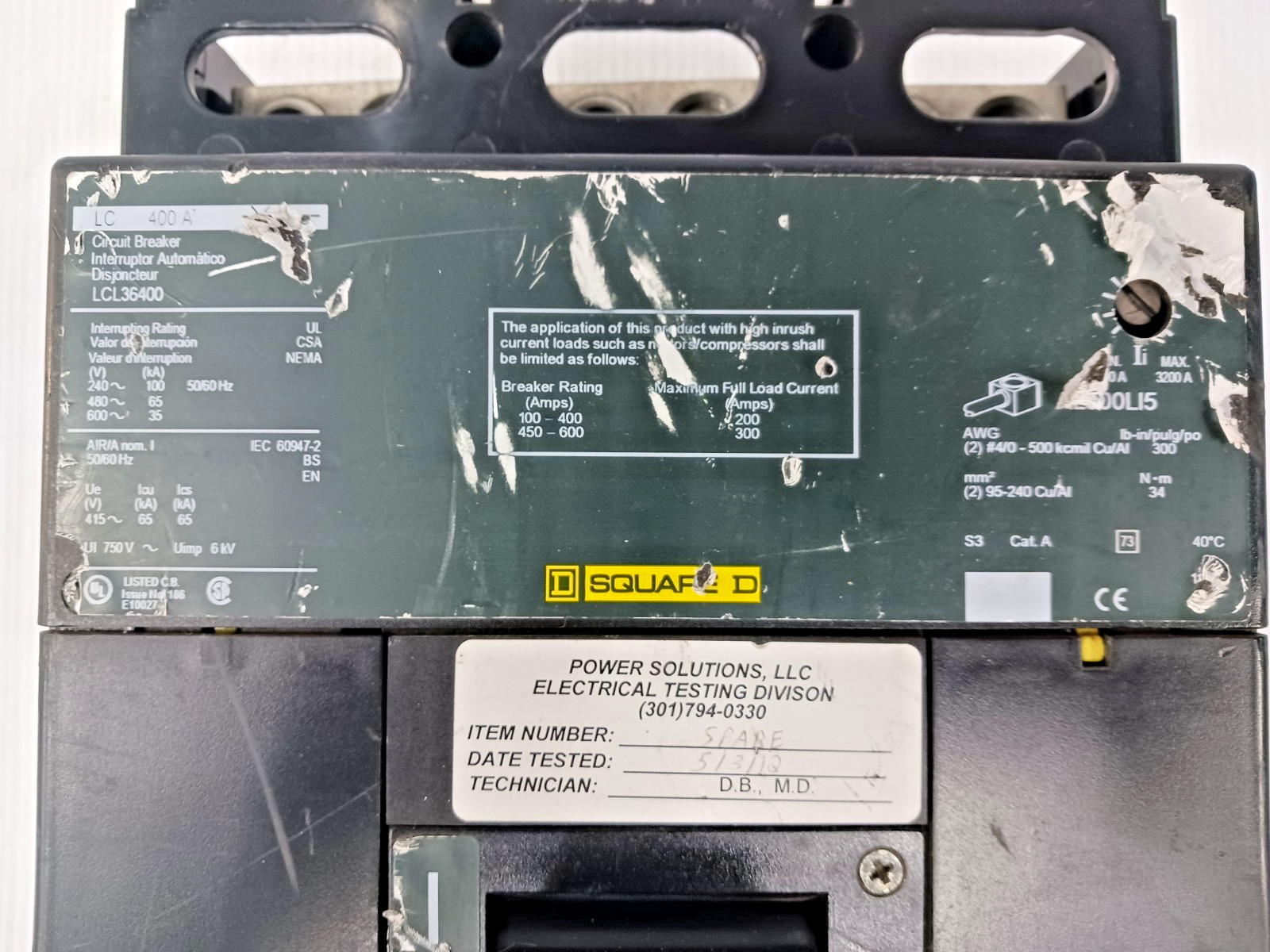 Square D 400 Amp Circuit Breaker 3 Pole 600 VAC LCL36400