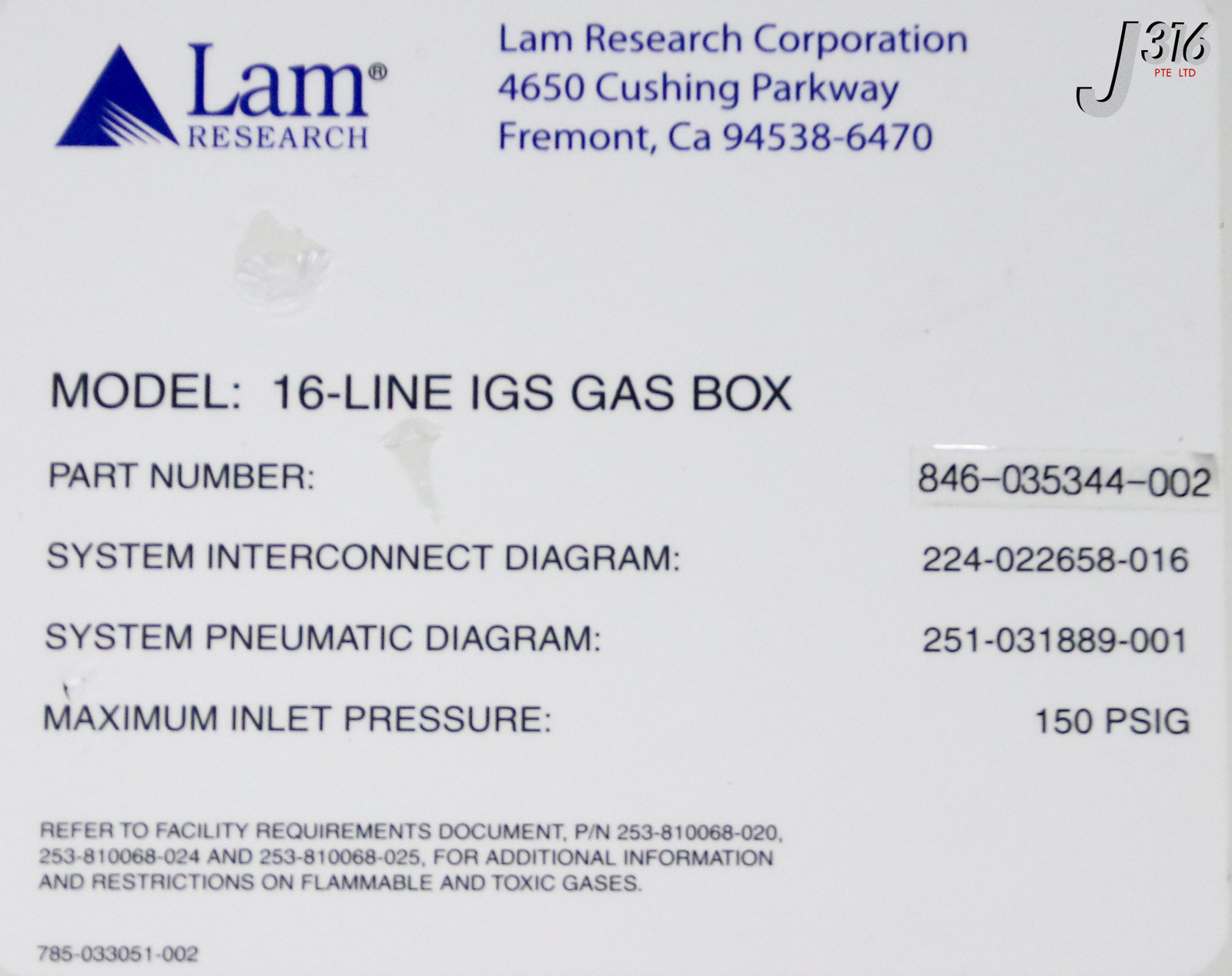 37532 LAM RESEARCH 16-LINES IGS GAS BOX 846-035344-002