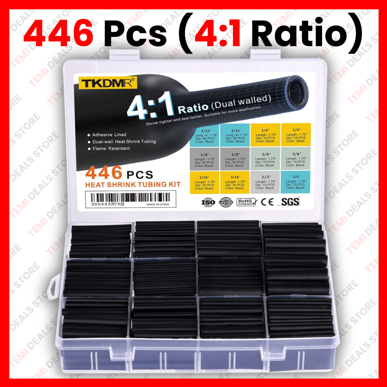 446 Pcs Heat Shrink Tubing Kit-4:1 Ratio Adhesive Lined Marine Grade Shrink NEW*