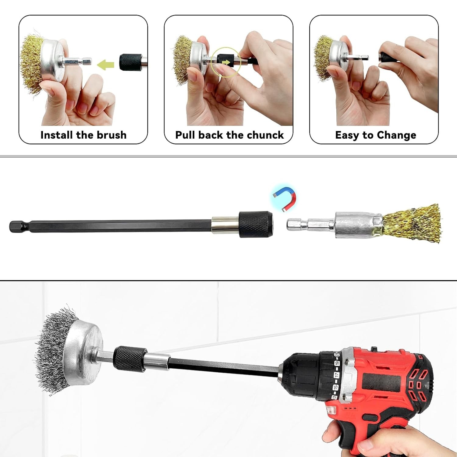 10pack Wire Wheel Cup Brush Set for Drill Abrasive with 1/4″ Hex Shank,Extn. Rod