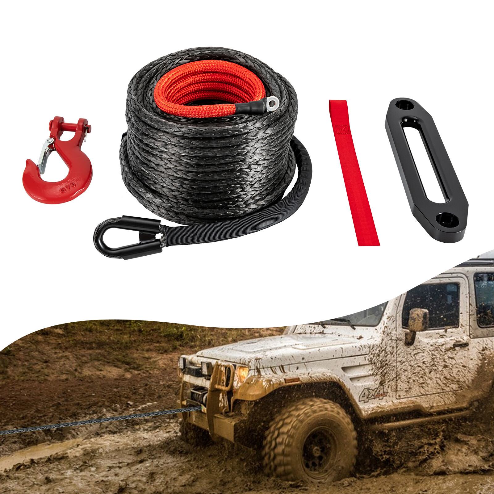 3/8″x100ft Synthetic Winch Rope 23809lbs Recovery Cable Winch Line for Truck SUV