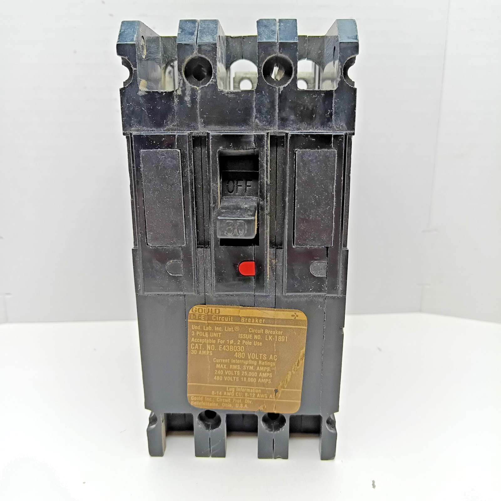 Gould I-T-E E43B030 30A 3-Pole 480VAC Circuit Breaker 18kA Used