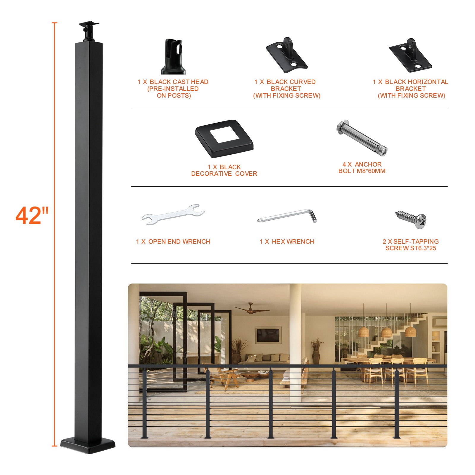 VEVOR Cable Railing Post Deck Railing 42x2x2″ DIY Post Without Holes Black
